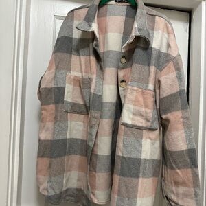 Woman’s Plaid Shacket in Pink and Gray